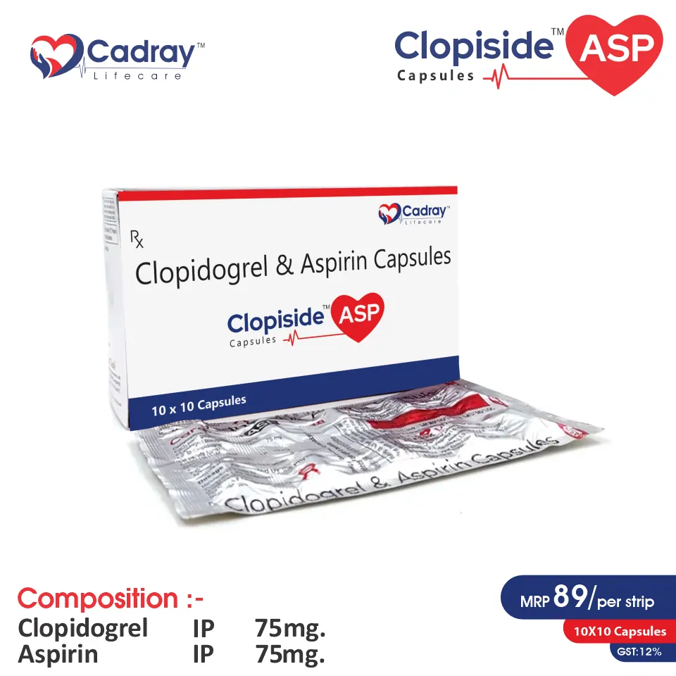 Clopidogrel 75mg + Aspirin 75mg Tablet supports heart health by preventing clot formation. WHO GMP certified, available for PCD pharma franchise at competitive pricing.